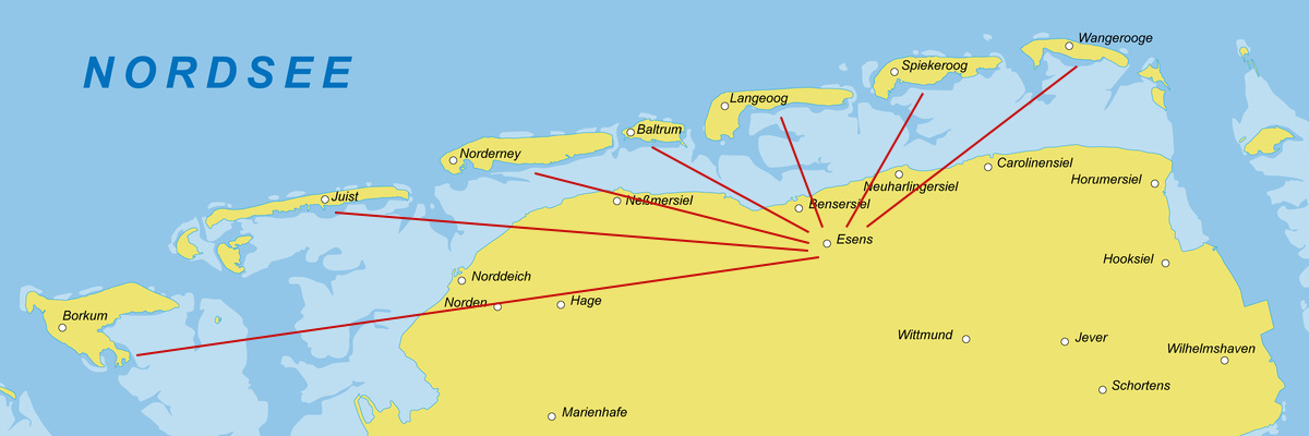 Karte die die Verbindungen mit roten Strichen auf die Nordseeinseln zeigt